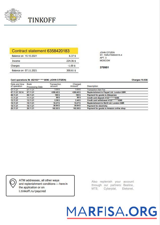 Downloadable Russia Tinkoff bank proof of address statement (English version) word example
